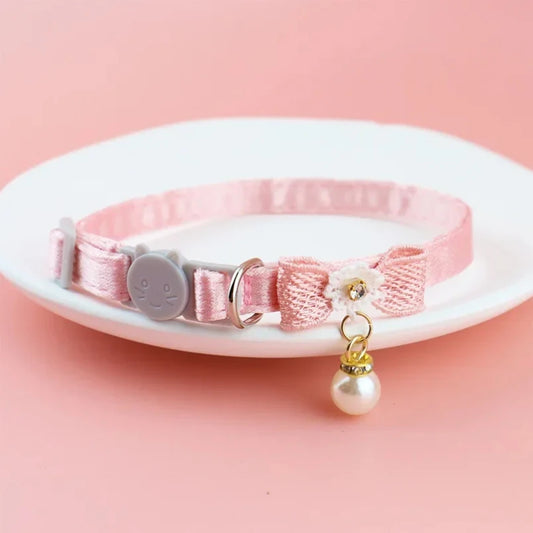 Pet Collar Pink Lace Bow Hanging Bead Cat Choker Bell